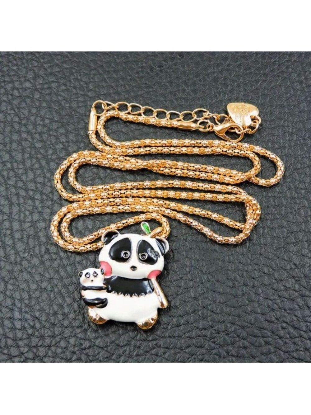 Cute Necklace Enamel Panda with Baby Brooch Pendant Gold Tone